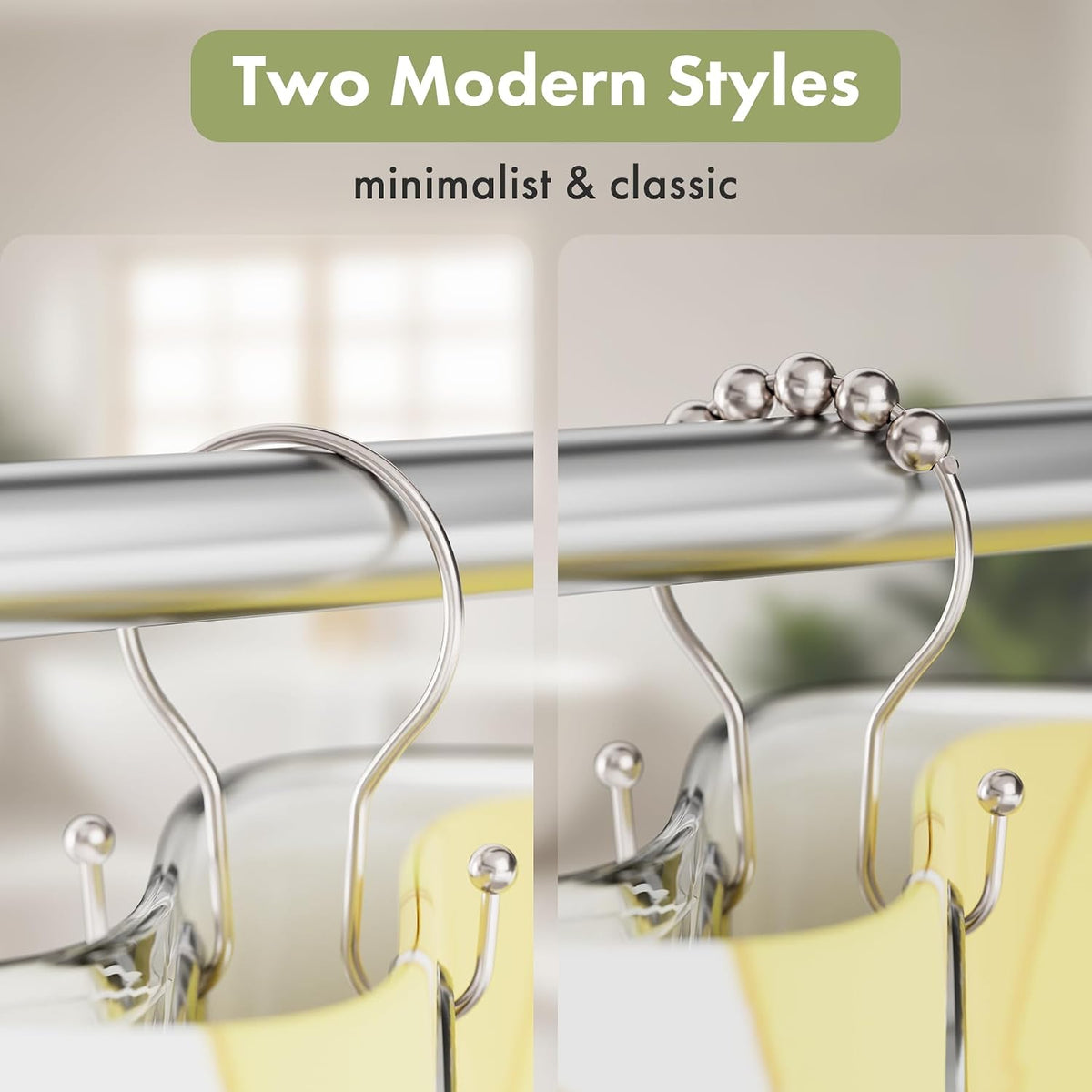 AmazerBath Shower Curtain Hooks Brushed Nickel Shower Curtain Rings, Simple Double Hook Shower Curtain Hooks Rust Proof, Smooth Glide Metal Shower Hooks for Shower Curtain, 12Pcs Shower Rod Hooks