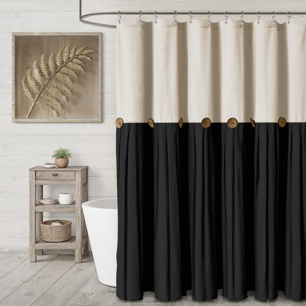 Farmhouse Shower Curtain Linen Beige Button Brown Stripe 72"W x 72"L