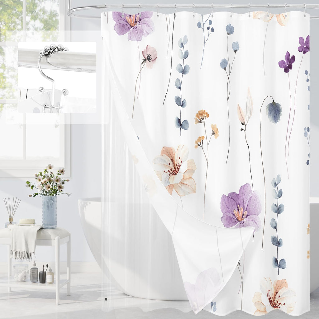 Gibelle 3 in 1 Sage Green Watercolor Floral Shower Curtain Liner Set, 72x72