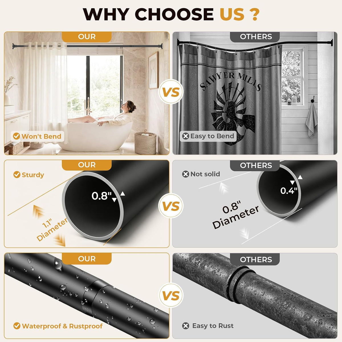Black Long Curtain Rod Tension Shower Curtain Rods 30 to 120 inch