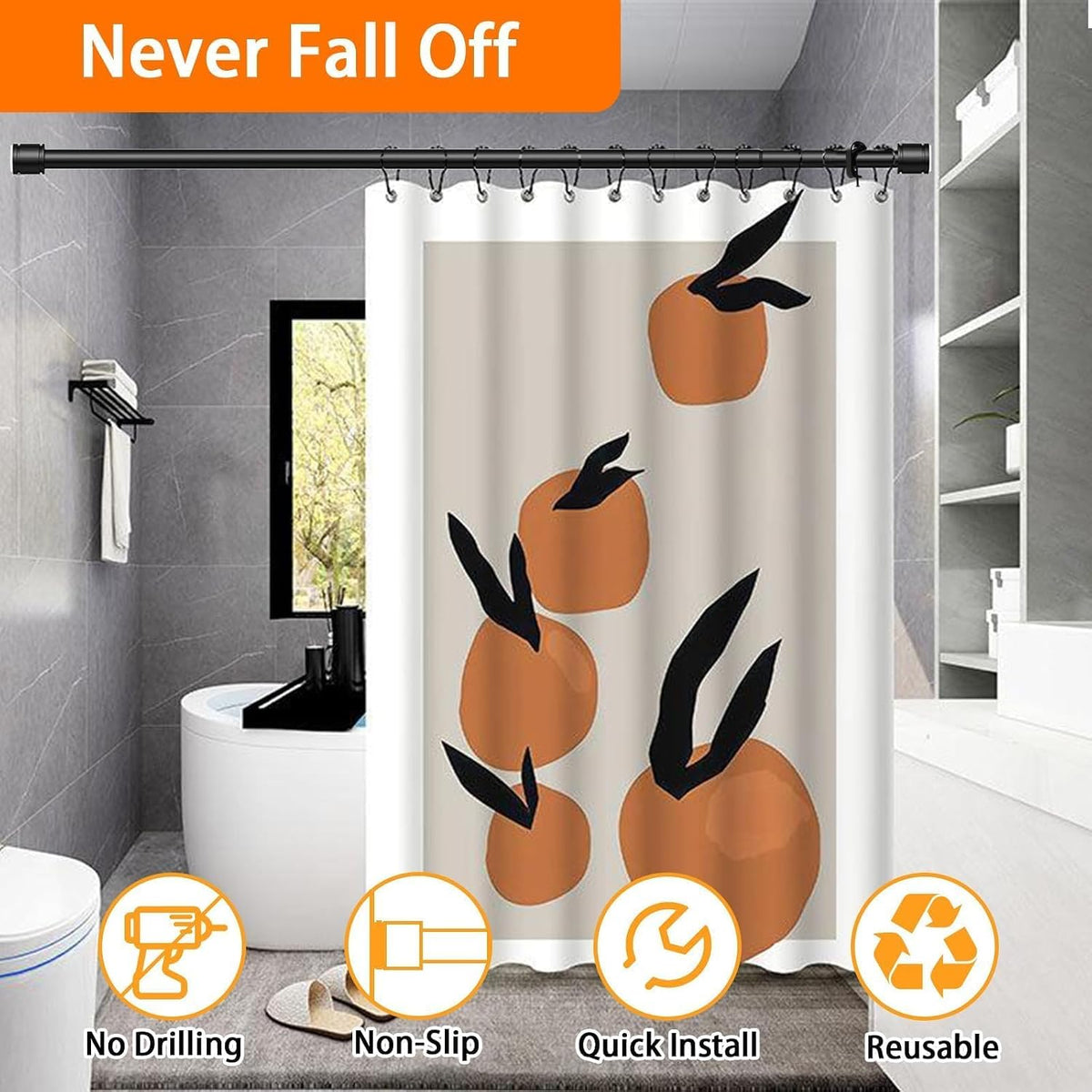 Shower Curtain Rod,Tension Rod 24 to 72 Inch,Never Fall Off,Innovative Buckle,Rustproof,No Drilling,Easy to Install,1 Inch Diameter,Suitable for Bathroom,Window,Door,Wardrobe,Kitchen (Black)
