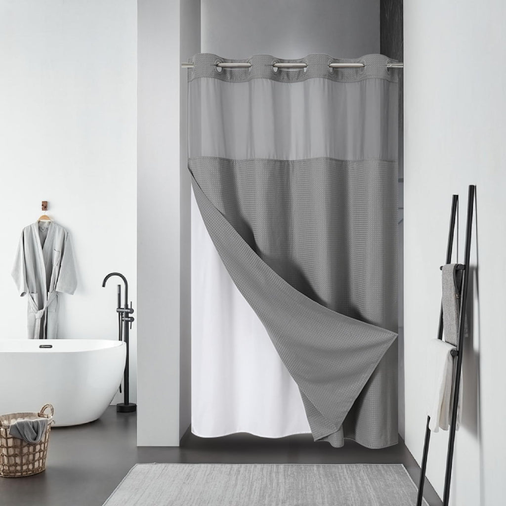 eachope No Hook Waffle Shower Curtain with Snap-in Liner, 71x74 Inch, White