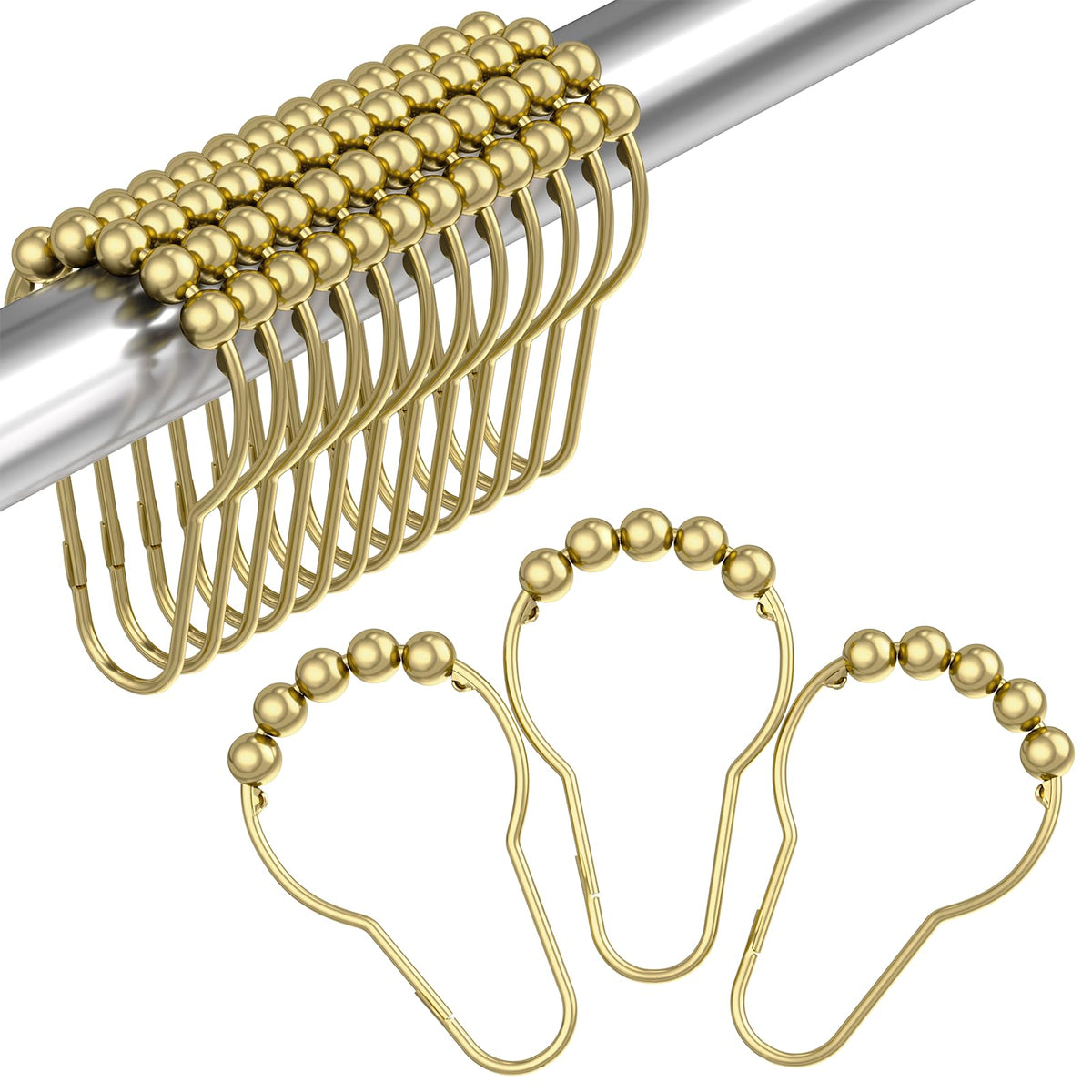 Amazer Shower Curtain Hooks Rings, Rust-Resistant Stainless Steel Double Shower Curtain Hooks, Shower Hooks for Shower Curtain and Liner Bathroom, Set of 12, Chrome