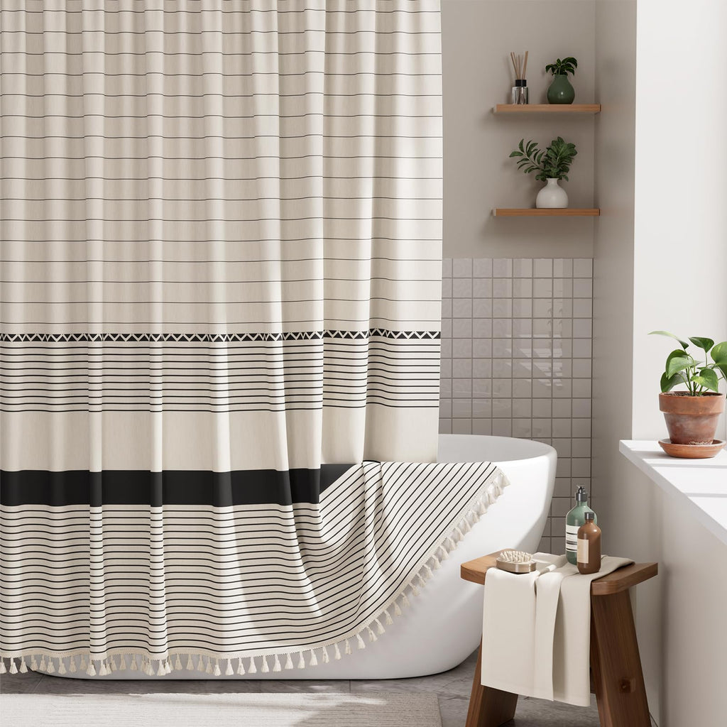 AmazerBath Boho Shower Curtain, Modern Farmhouse Shower Curtain Set with Tassels, Rustic Faux Linen Green Striped Shower Curtain with Hooks, Light Tan Toned, 72x72 Inches