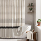AmazerBath Boho Shower Curtain, Modern Farmhouse Shower Curtain Set with Tassels, Rustic Faux Linen Green Striped Shower Curtain with Hooks, Light Tan Toned, 72x72 Inches