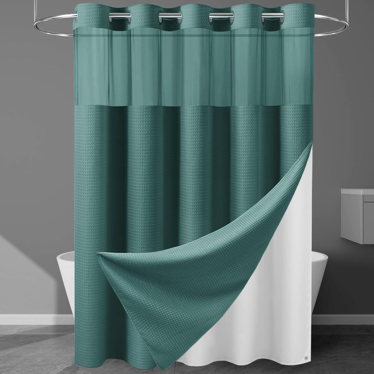 256GSM Heavyweight Ringless Waffle Shower Curtain with Liner, 71x74, White