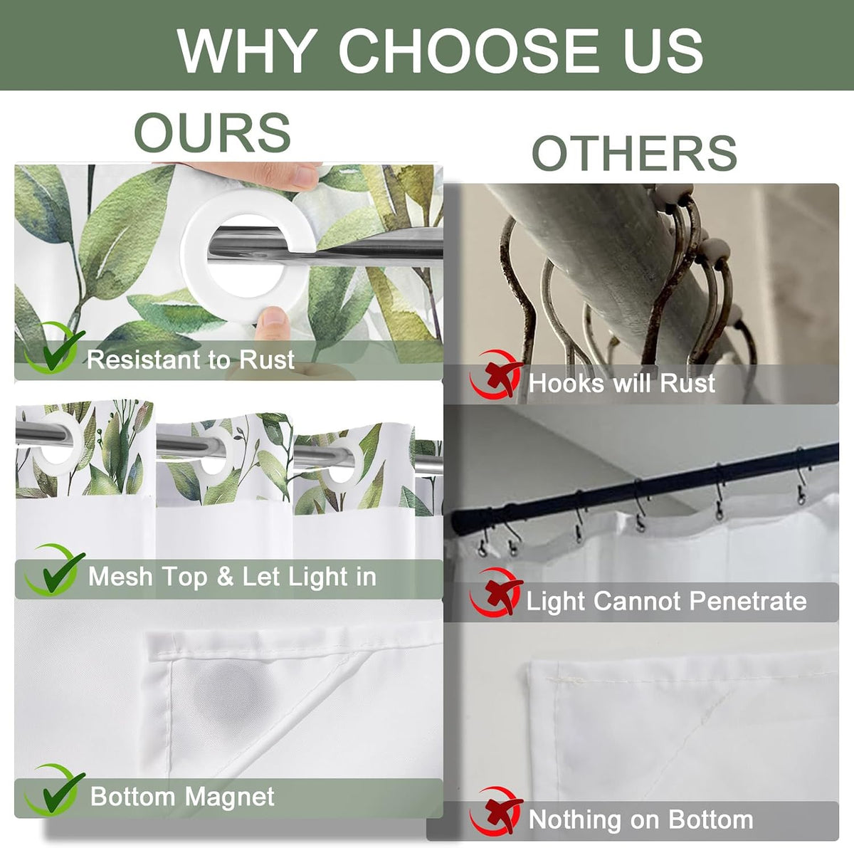 No Hook Shower Curtain and Liner Set, Sage Green Eucalyptus 71x74