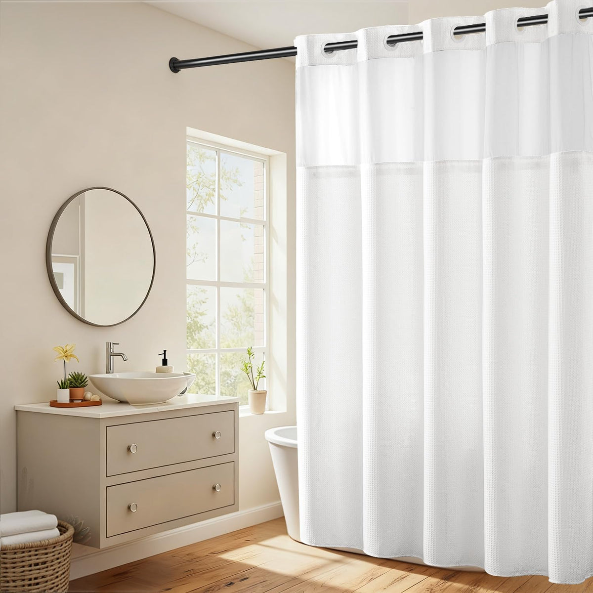 River Dream Heavyweight Waffle No Hook Shower Curtain with Liner,Gray,71x74