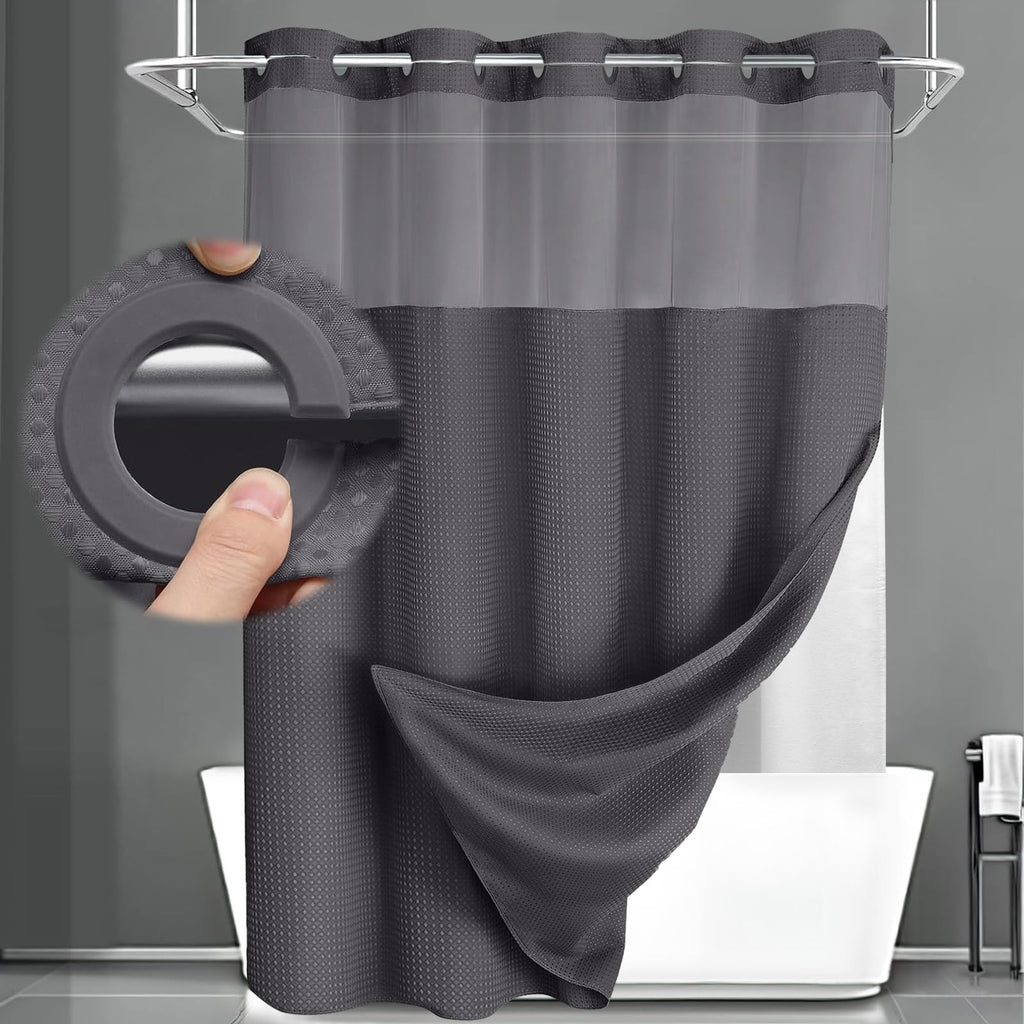 No Hook Shower Curtain with Liner Set Hotel Waffle Curtain White 72W X 75L