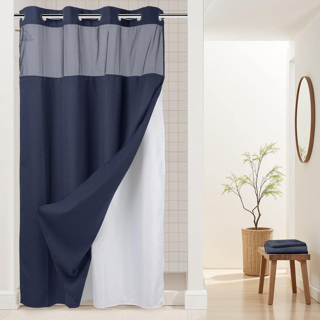 River Dream Heavyweight Waffle No Hook Shower Curtain with Liner,Gray,71x74
