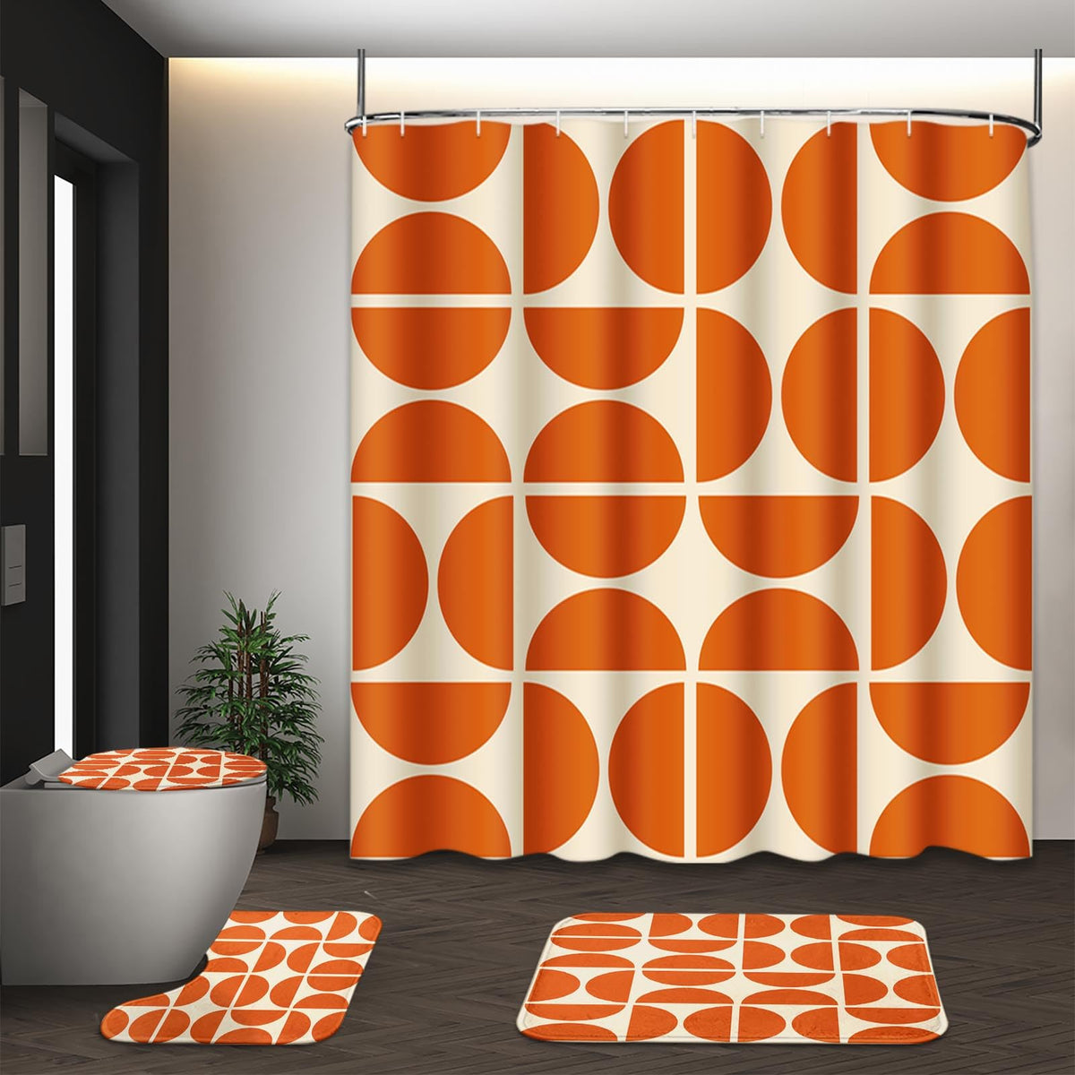 Bathroom Sets with Shower Curtain and Rugs, Set of 4 Geometric Boho