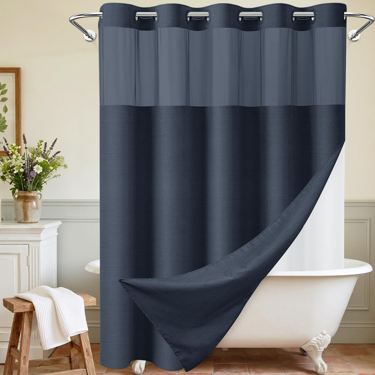 WONICY Hook-Free Shower Curtain with Snap-in Liner, Cream, 71 x 74
