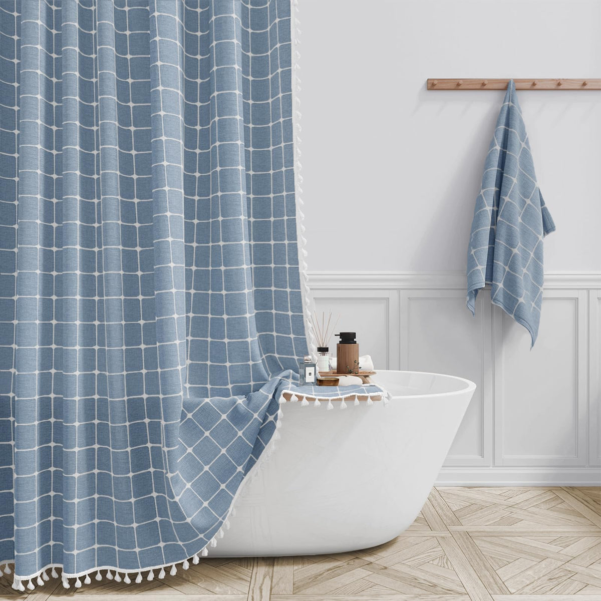 BTTN Sage Green Boho Farmhouse Linen Heavy Duty Shower Curtain Set, 72x72