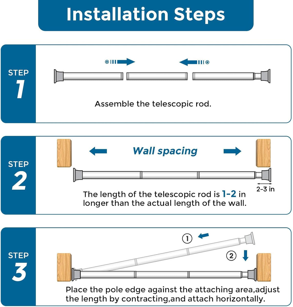 AIZESI 2 Pack Tension Curtain Rod 23-46 Inch Tension Rods No Drill, Black