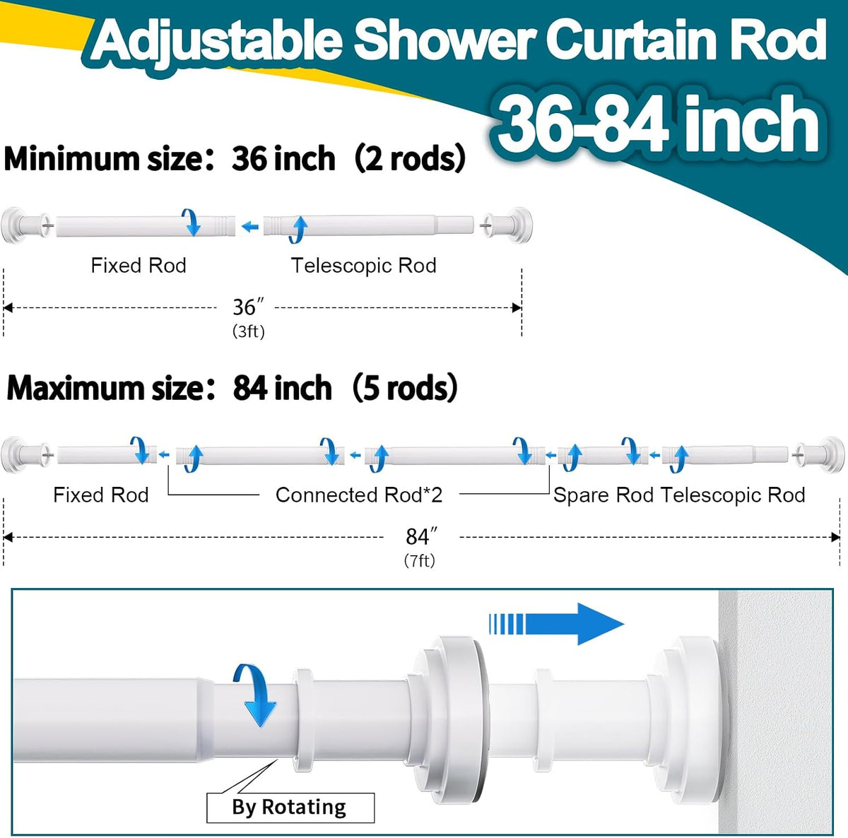 White Tension Shower Curtain Rod 36-84 Inch(3-7ft) Never Rust No Drilling Non Slip Spring Tension Shower Rod, Heavy Duty Tension Rod, Adjustable Curtain Rod for Bathroom Window Living Room