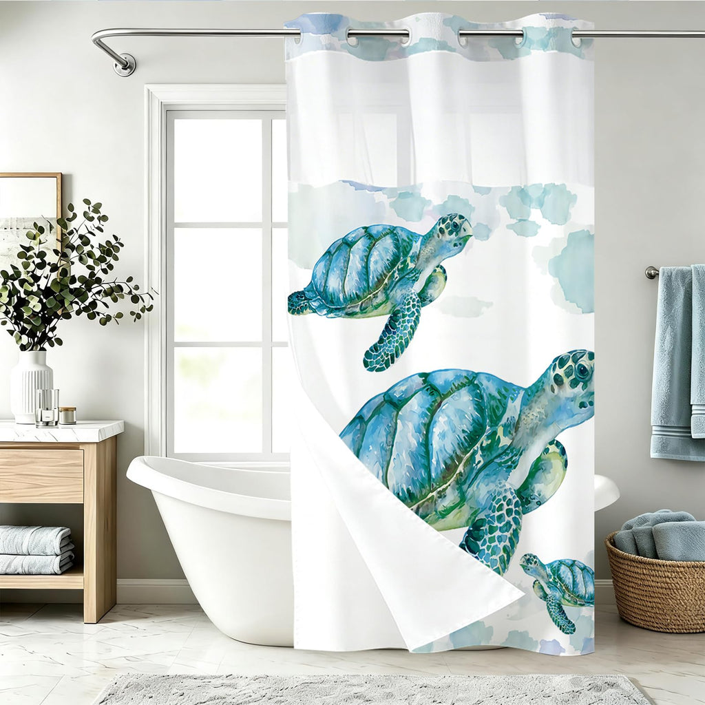 Nautical Green Sea Turtles Beach Theme Fabric Shower Curtain Sets Bathroom Blue Ocean Decor with Grommets and Hooks - 72 x 72 Inch Teal