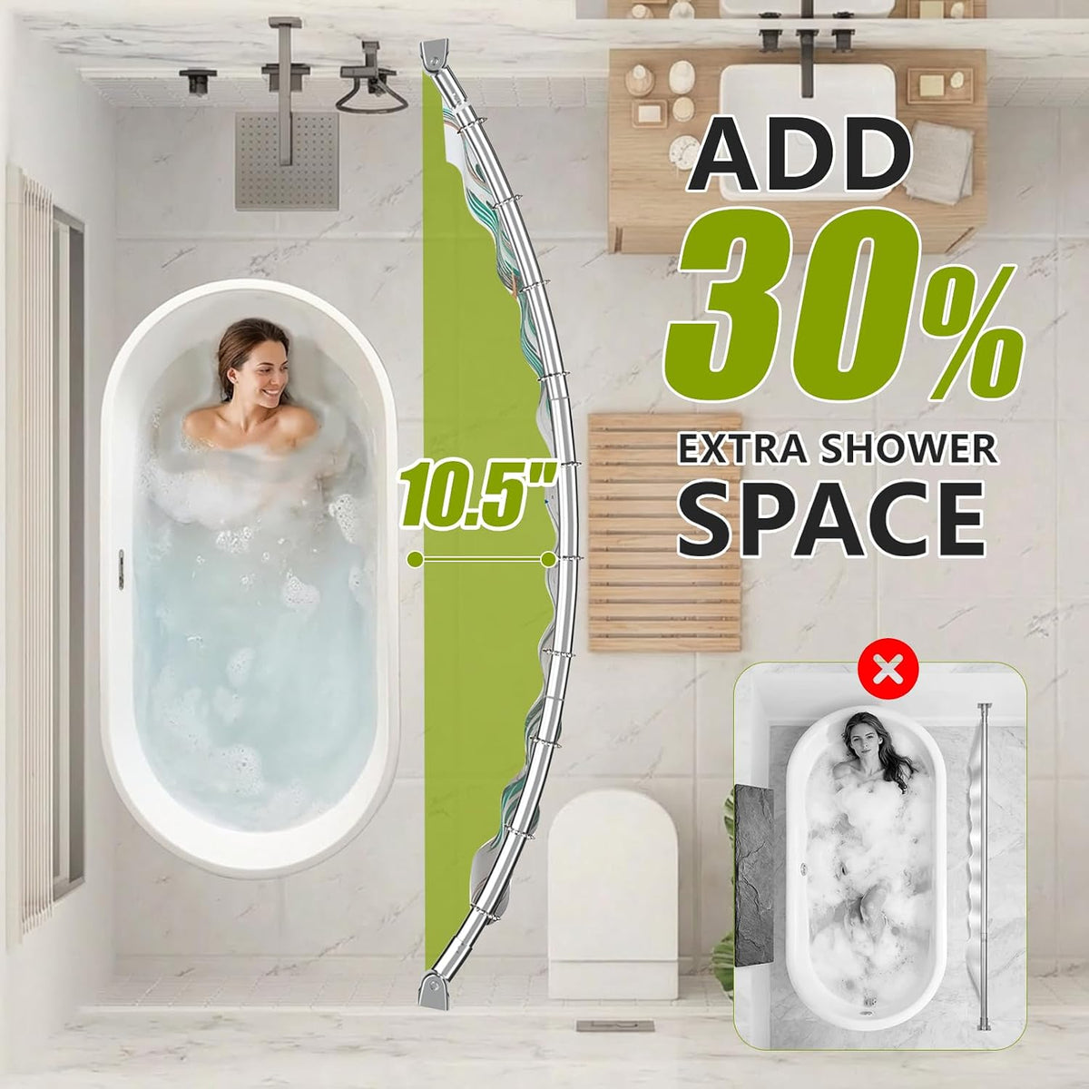 Curved Shower Curtain Rod， Adjustable 33-78 Inches Silver All Stainless Steel Curved Shower Rod， Shower Curtain Rod for Extra Shower Space for Bathroom, Bathtub, Stall, No Rust, Need to Drill