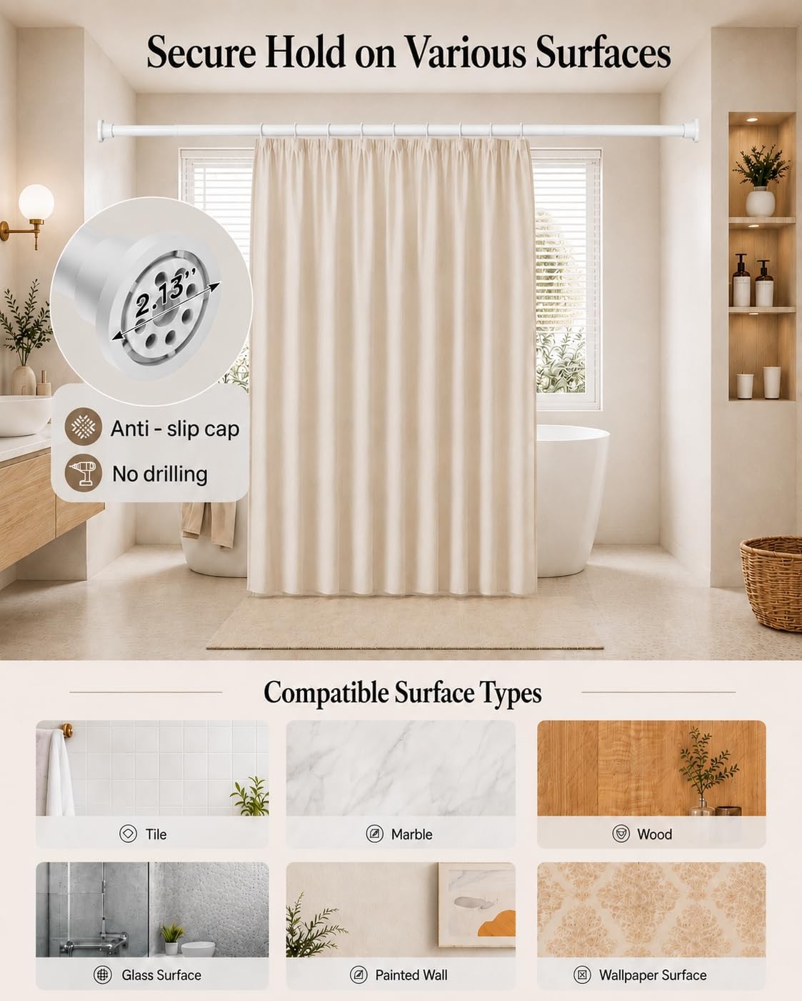 ALLZONE Tension Shower Curtain Rod, 29-84 In, Spring Loaded Curtain Rod