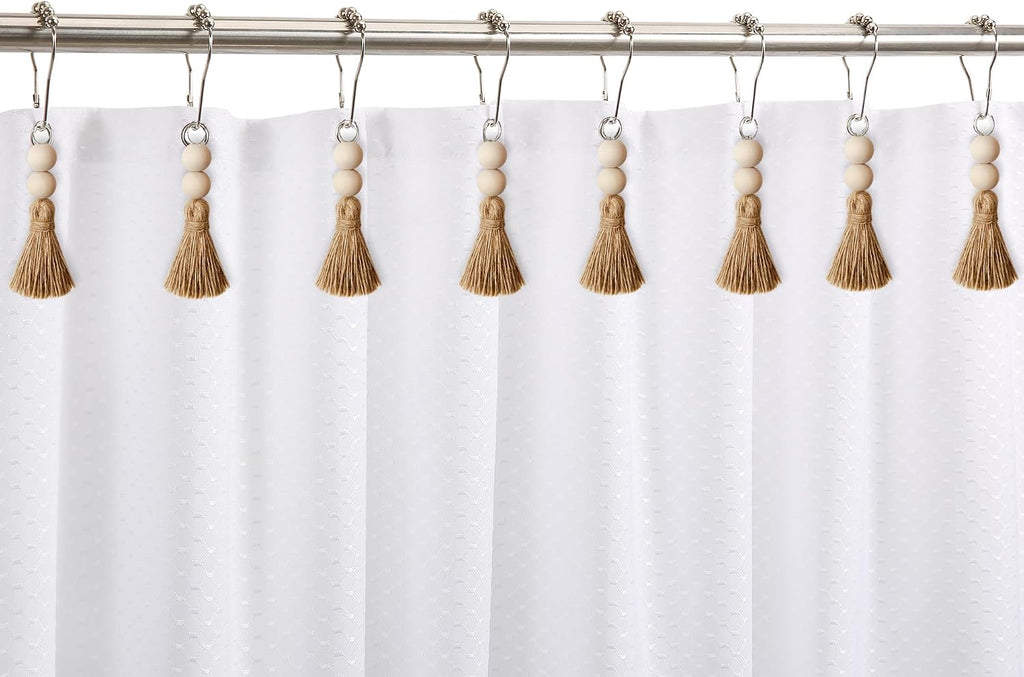Boho Shower Curtain Hooks Rings Rustproof, CHICTIE Nautical Decorative Shower Curtain Rings with Handmade Wood Beads Tassel, Farmhouse Home Bathroom Bedroom Baby Room Decor Set of 12 (Natural Jute)