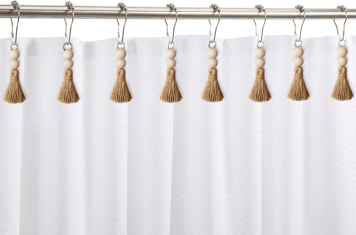 Boho Shower Curtain Hooks Rings Rustproof, CHICTIE Nautical Decorative Shower Curtain Rings with Handmade Wood Beads Tassel, Farmhouse Home Bathroom Bedroom Baby Room Decor Set of 12 (Natural Jute)