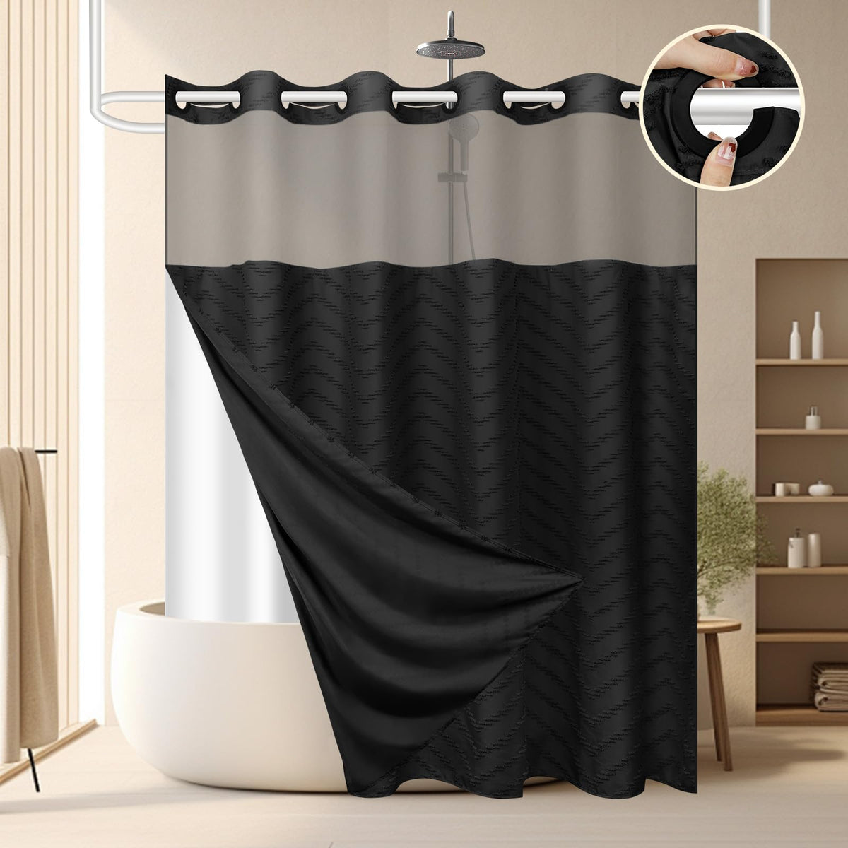FADOTY Black No Hook Shower Curtain Set with Snap in Liner, 71'' x 74''