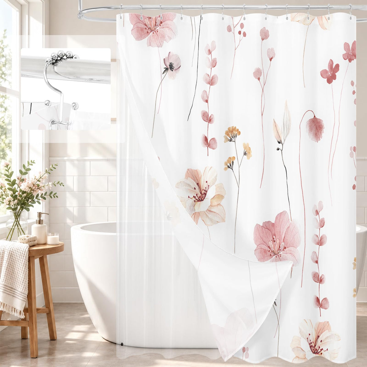 Gibelle 3 in 1 Sage Green Watercolor Floral Shower Curtain Liner Set, 72x72