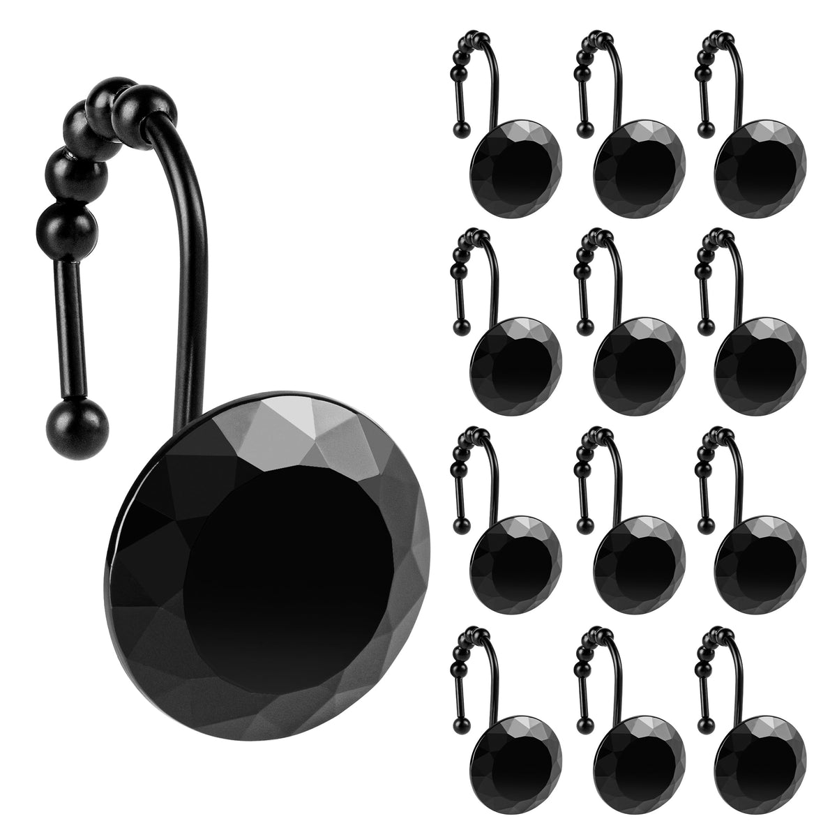 Sunlit Round Rhinestone Shower Curtain Hooks with Glide Balls, 12 Pack