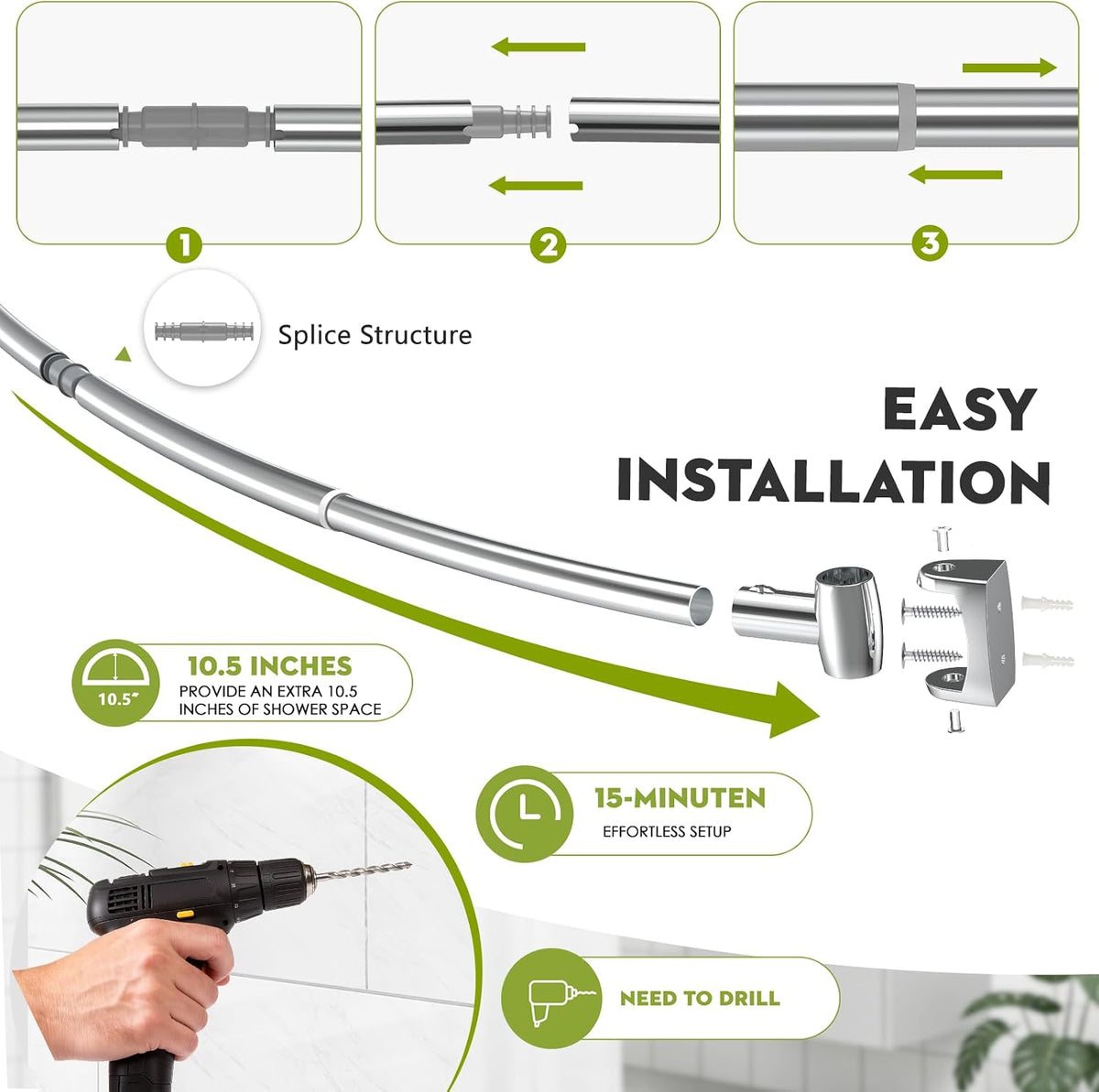 Curved Shower Curtain Rod， Adjustable 33-78 Inches Silver All Stainless Steel Curved Shower Rod， Shower Curtain Rod for Extra Shower Space for Bathroom, Bathtub, Stall, No Rust, Need to Drill