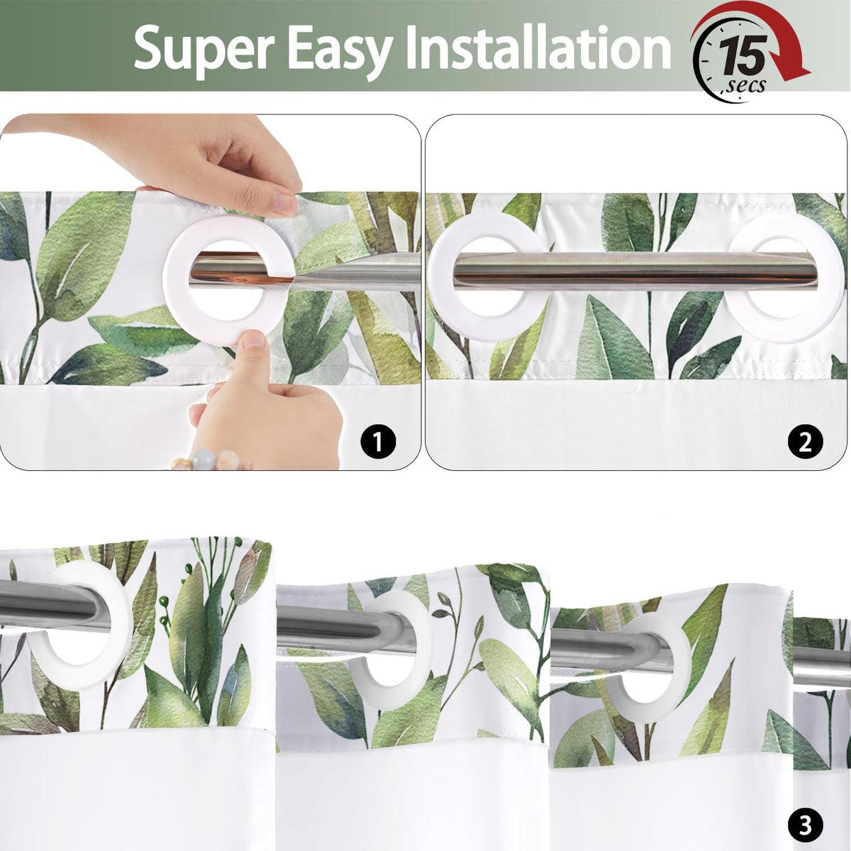 No Hook Shower Curtain and Liner Set, Sage Green Eucalyptus 71x74