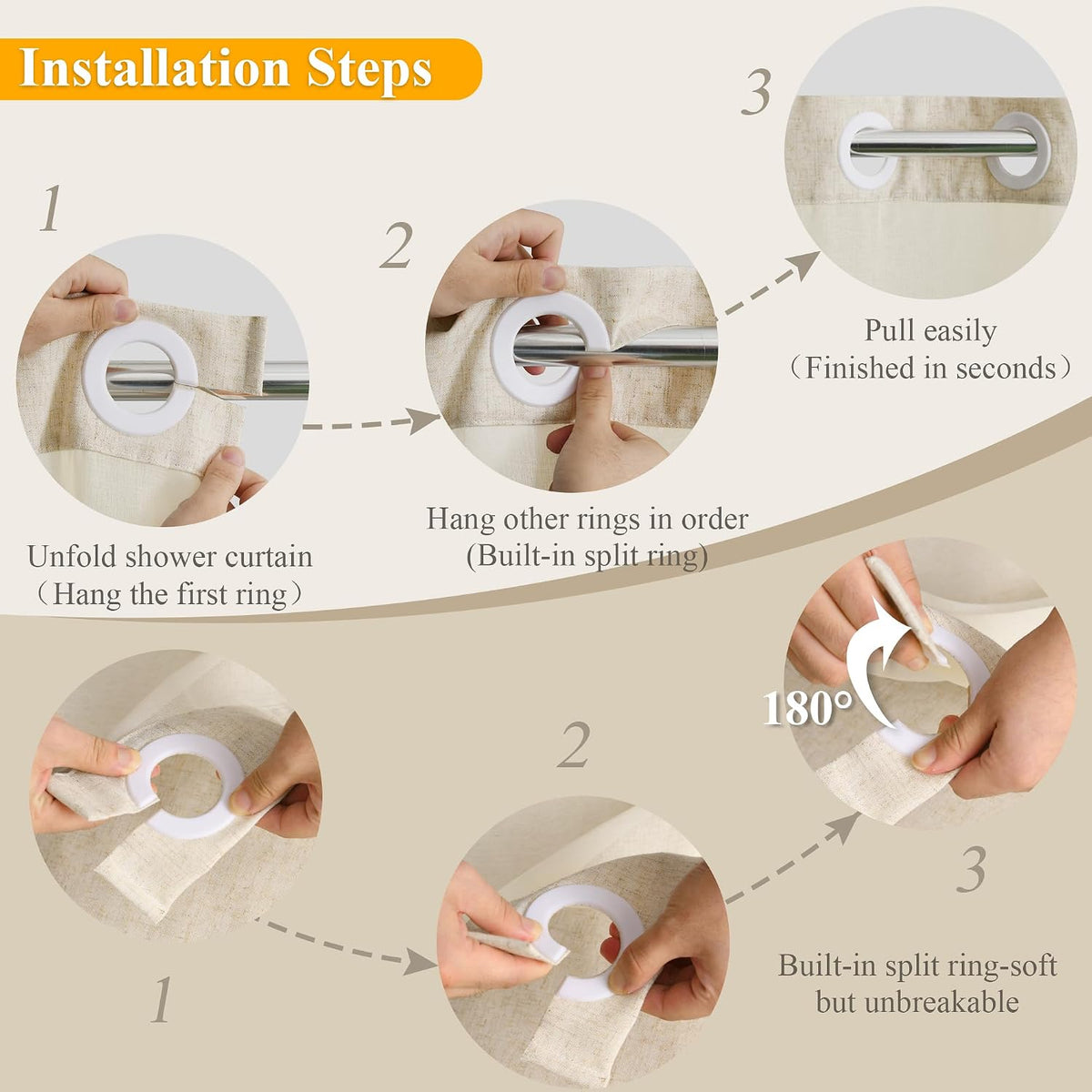 Jowels No Hooks Natural Linen Fabric Shower Curtains for Bathroom 72 Inches