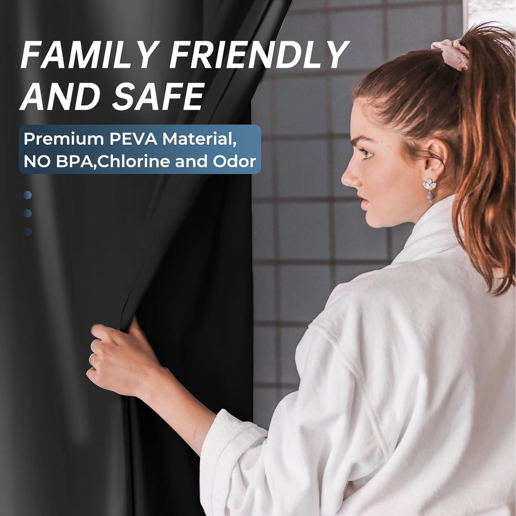 AmazerBath Black Shower Curtain Liner Plastic, Thick PEVA Shower Curtain Black, Dark Shower Liner Heavy Duty 8G, Black Bathroom Curtain Waterproof with 3 Weighted Stones and 12 Grommets, 72x72 Inches