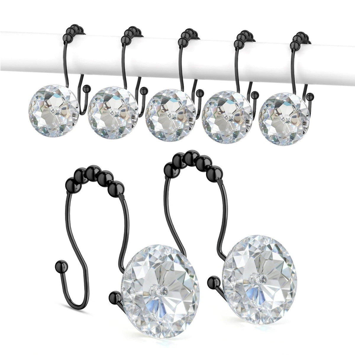 Goowin Shower Curtain Hooks, Crystal Shower Curtain Rings, Stainless Steel Gold Shower Curtain Hooks, Metal Shower Curtain Hangers, Decorative Double Shower Hooks for Shower Curtain & Liner, Gold