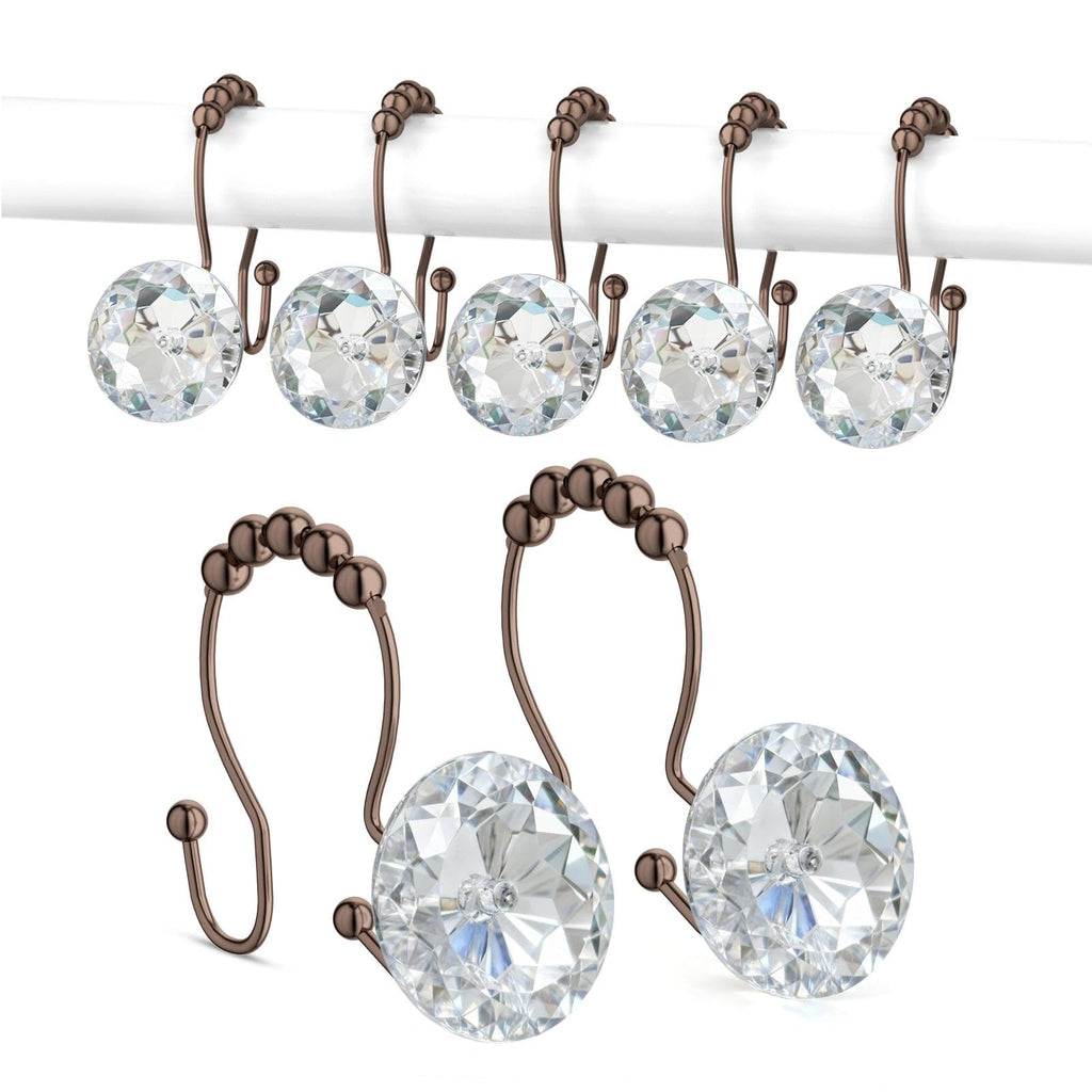 Goowin Shower Curtain Hooks, Crystal Shower Curtain Rings, Stainless Steel Gold Shower Curtain Hooks, Metal Shower Curtain Hangers, Decorative Double Shower Hooks for Shower Curtain & Liner, Gold