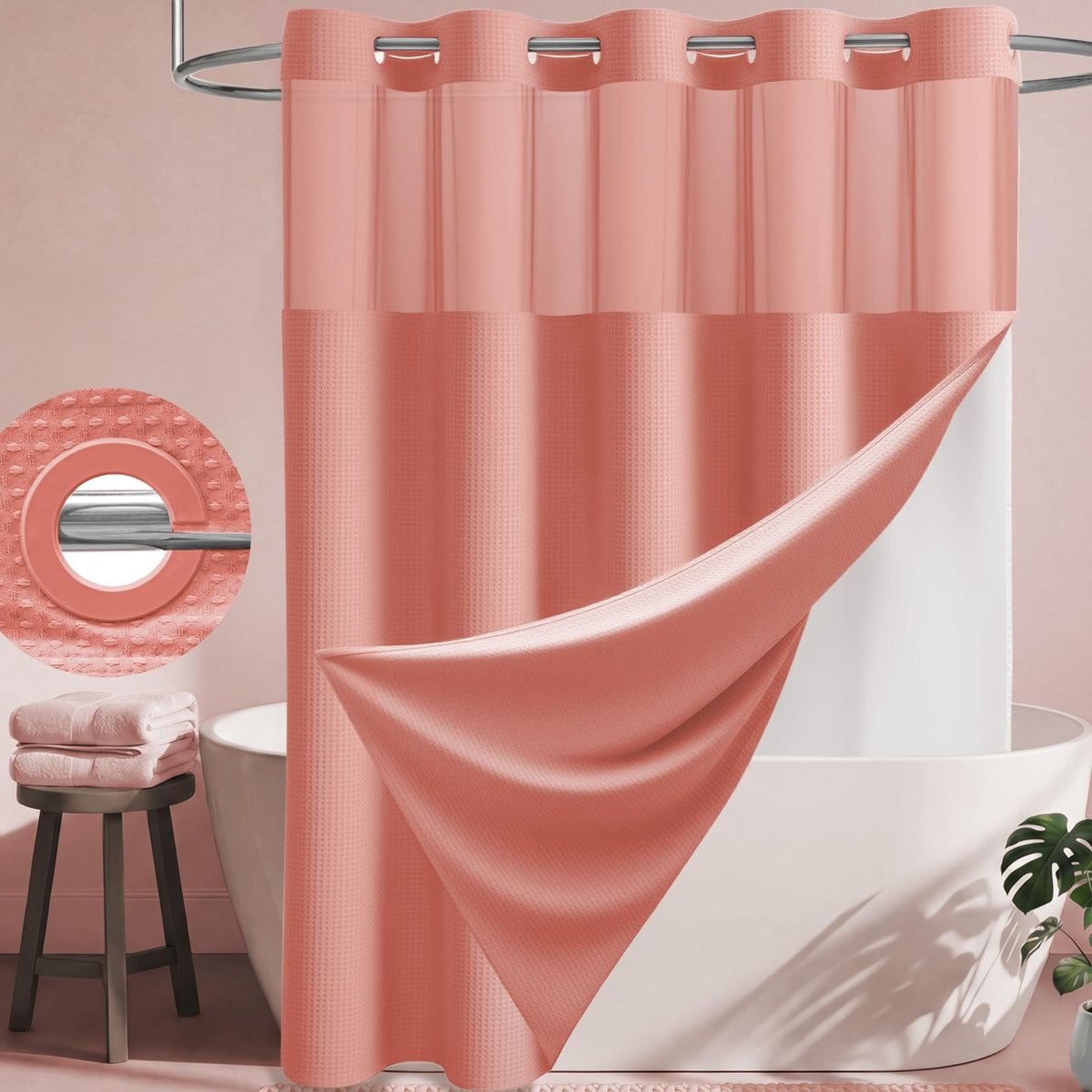 Dynamene Ringless Waffle Weave Fabric Shower Curtain Set, Black, 72"x75"