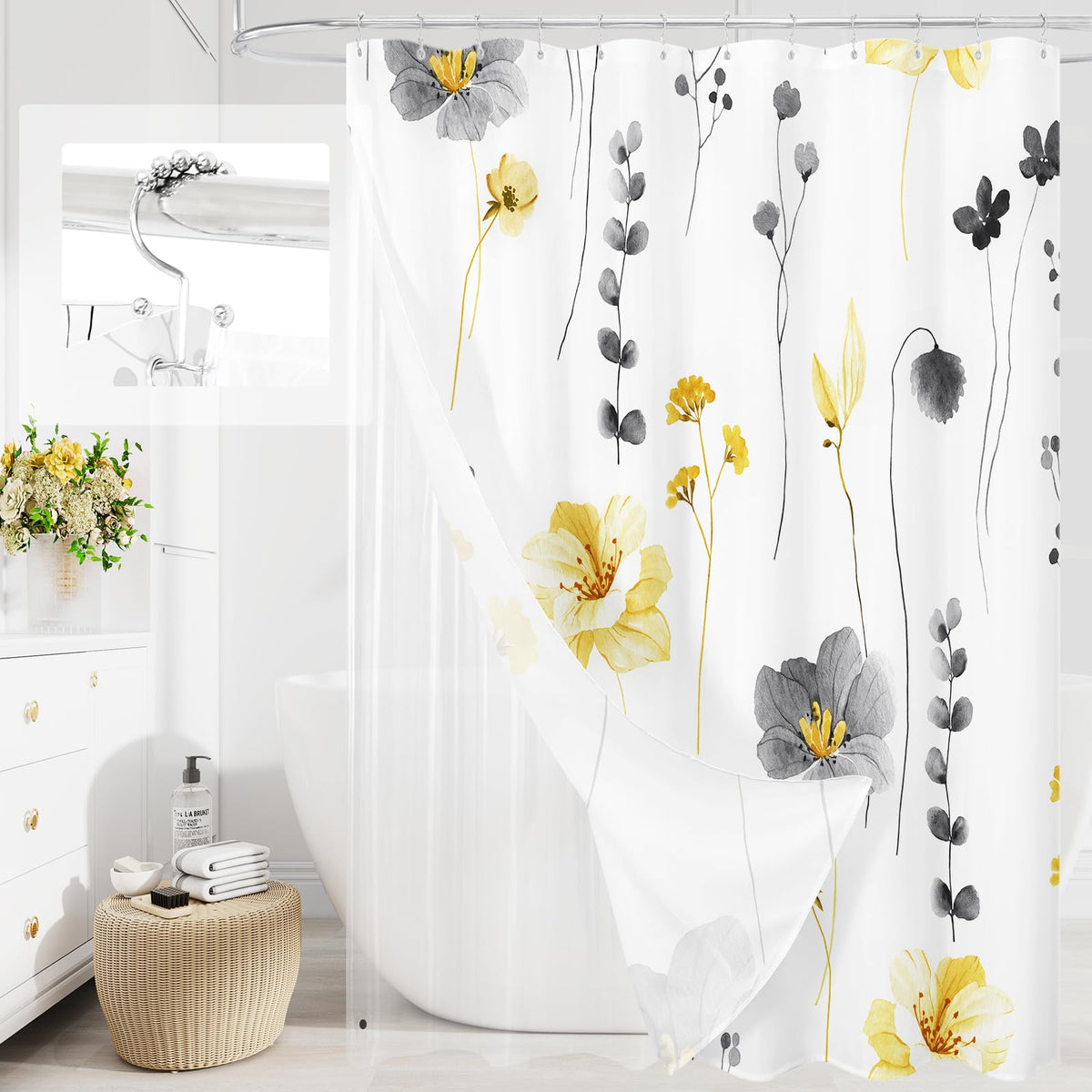 Gibelle 3 in 1 Sage Green Watercolor Floral Shower Curtain Liner Set, 72x72