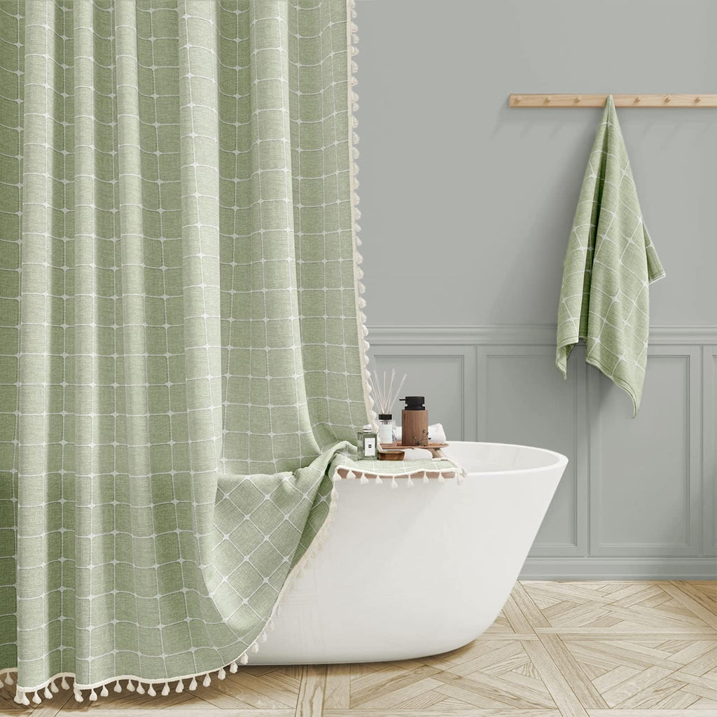 BTTN Sage Green Boho Farmhouse Linen Heavy Duty Shower Curtain Set, 72x72