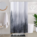 ORTIGIA Dark Green Misty Forest Shower Curtain for Bathroom, Nature Woodland Shower Curtain Set with Hooks, Decorative Pine Tree Fog Magic Bath Curtain for Home, Waterproof Fabric, Weighted, 72x72