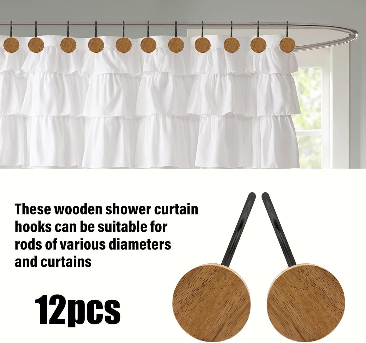 Shower Curtain Hooks, Wood Decorative Shower Curtain Rings, Modern Round Log Shower Curtain Hangers, 12PCS Metal Shower Hooks for Shower Curtain Rod, Bathroom, Bedroom, Living Room (Black)