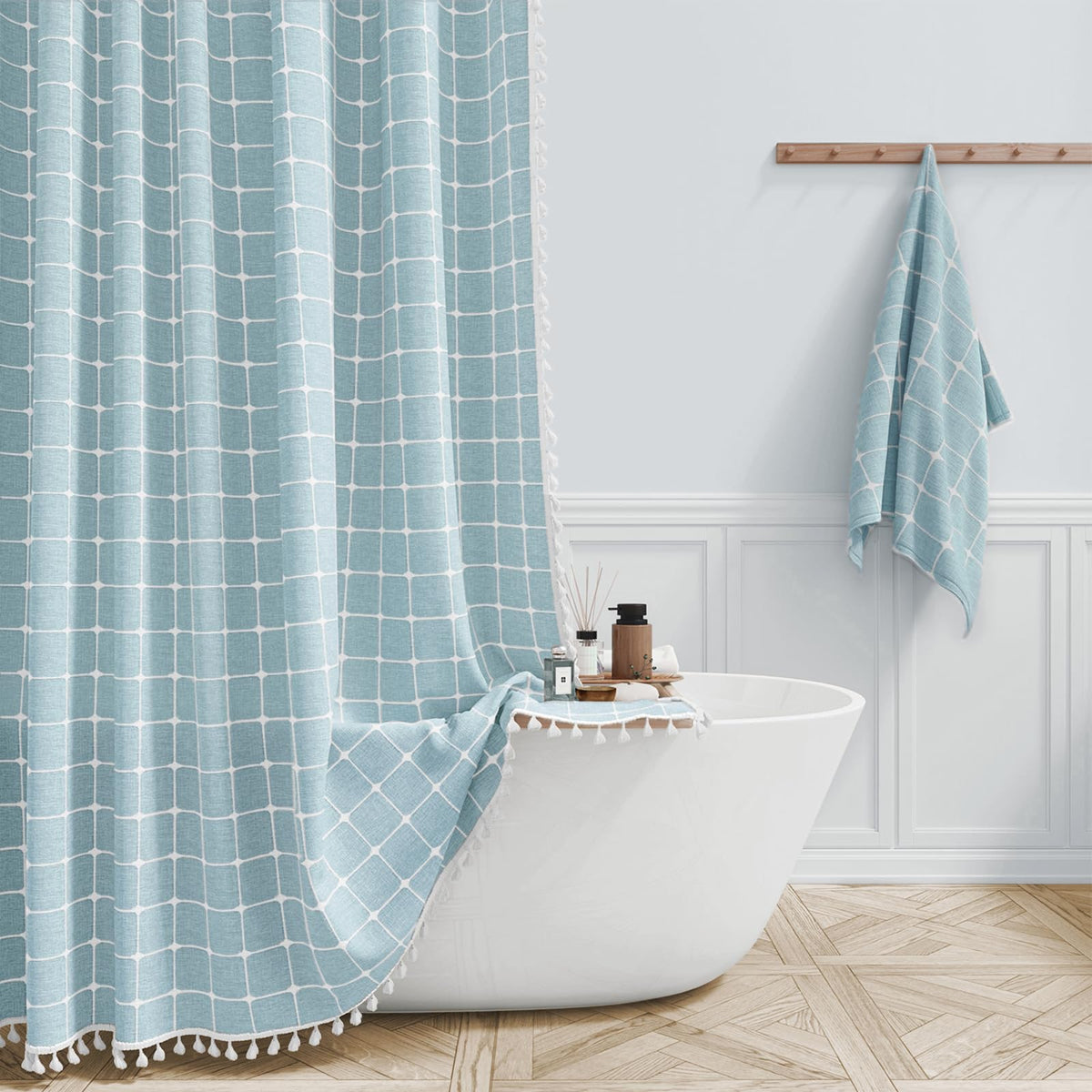 BTTN Sage Green Boho Farmhouse Linen Heavy Duty Shower Curtain Set, 72x72