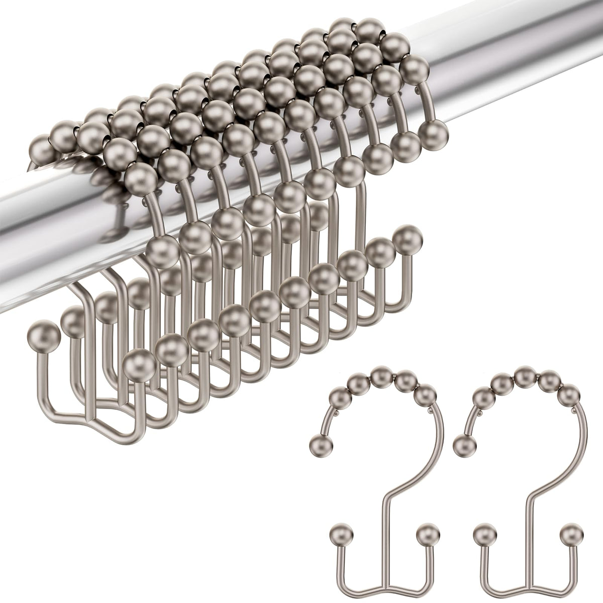 Amazer Shower Curtain Hooks Rings, Rust-Resistant Stainless Steel Double Shower Curtain Hooks, Shower Hooks for Shower Curtain and Liner Bathroom, Set of 12, Chrome