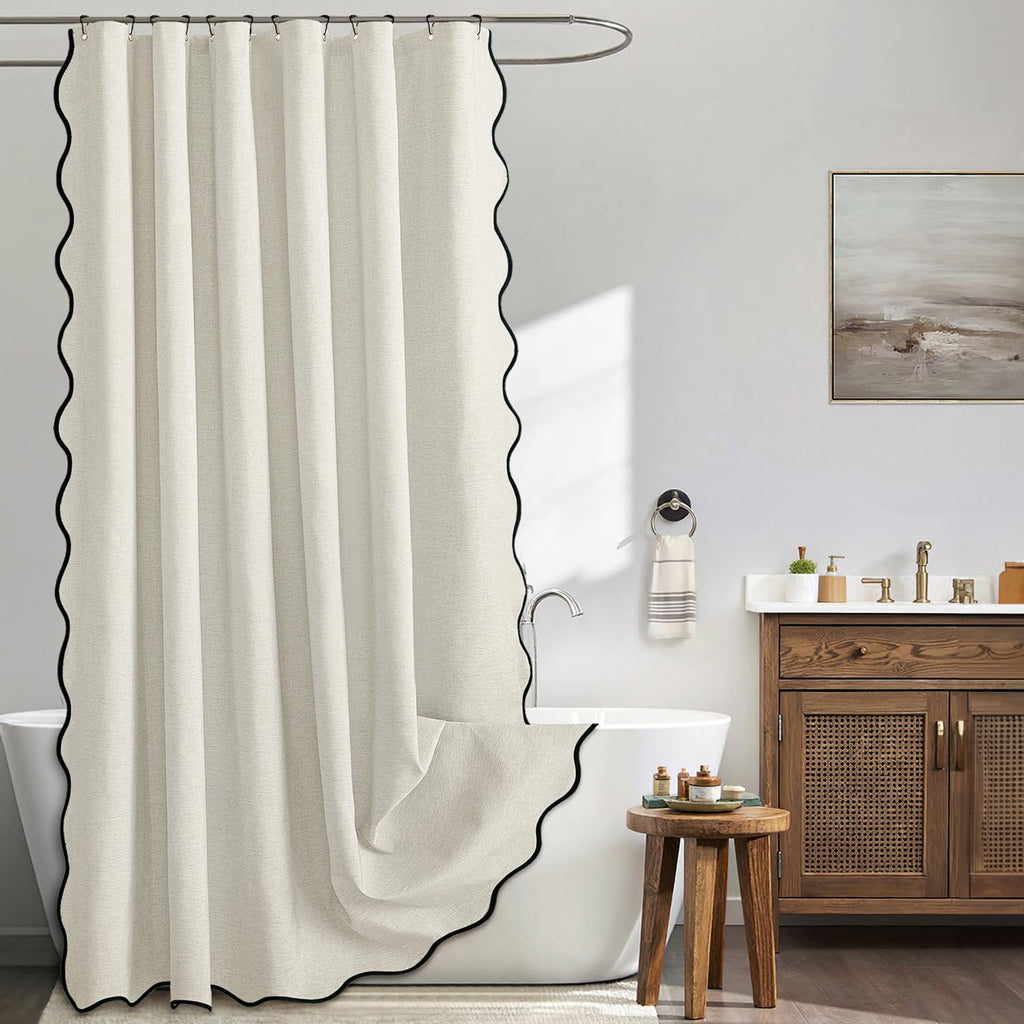 MIULEE Beige Scalloped Shower Curtain Linen Textured with 12 Metal Hooks Cute Heavy Duty Washable Waterproof Neutral Thick Cloth Shower Curtains with Black Border for Bathroom Bathtub,W72*L72 Cream