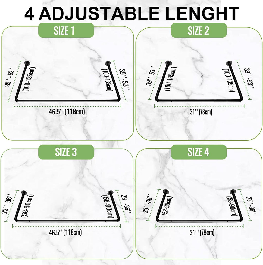U Shaped Shower Curtain Rod, [Both Sides: 23"-52", Middle: 31"-46.5"] Adjustable U Shape Shower Rod Black Outdoor Corner Curtain Pole for Bathroom Bathtub with Ceiling Support & 12 Hooks