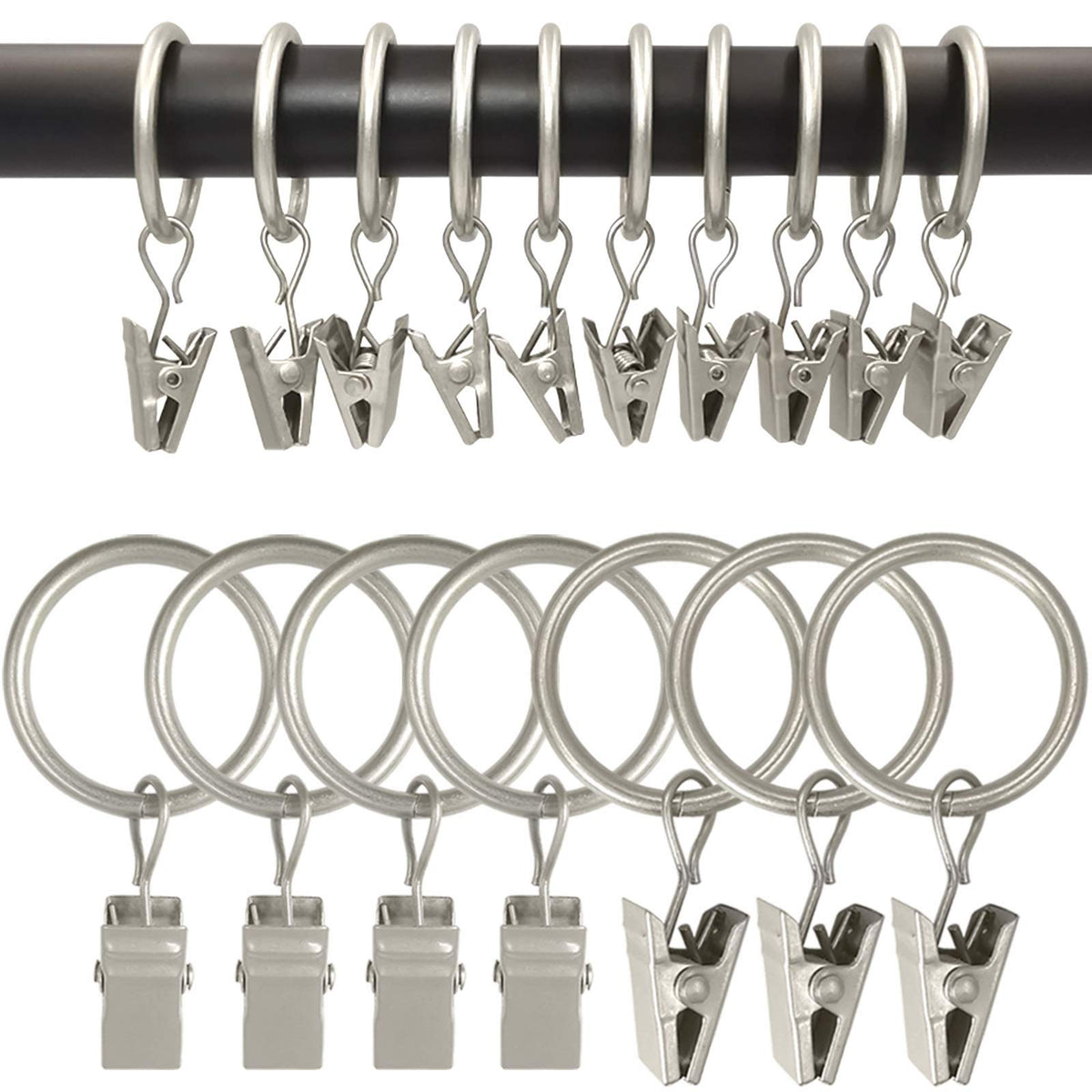 40 Pack Curtain Rings with Clips, Drapery Clips with Rings, Drapes Rings 1.26 in Interior Diameter, Fits up to 1 in Curtain Rod, Black