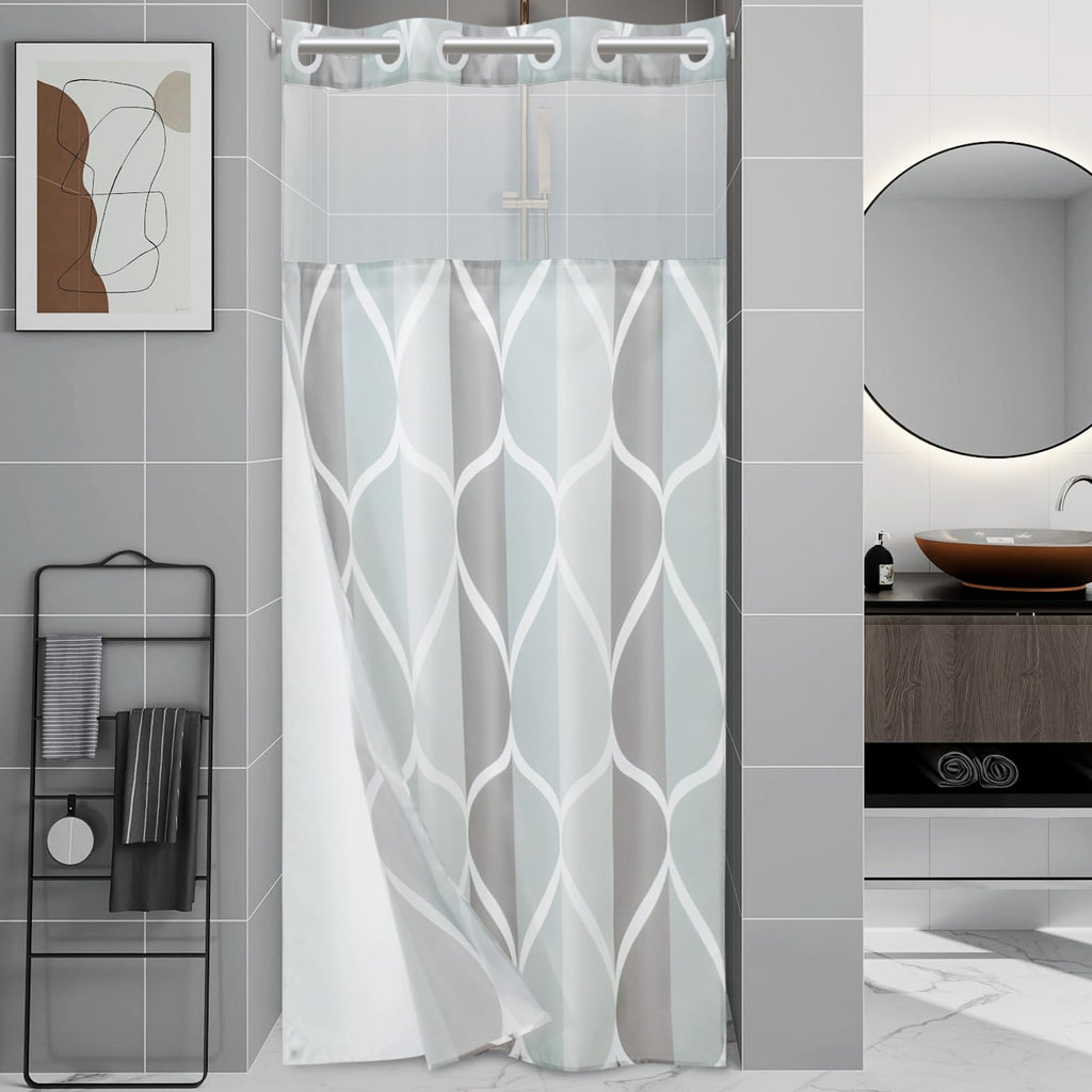 Yiatn Gray Ringless Shower Curtain with Snap-in Liner, 71 x 74 Inch