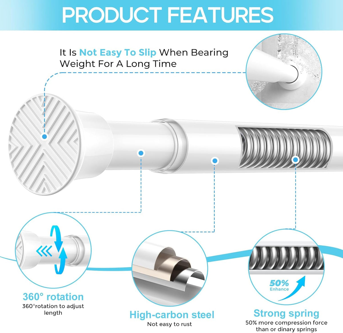 Spring Tension Curtain Rod 32-76 inch, White