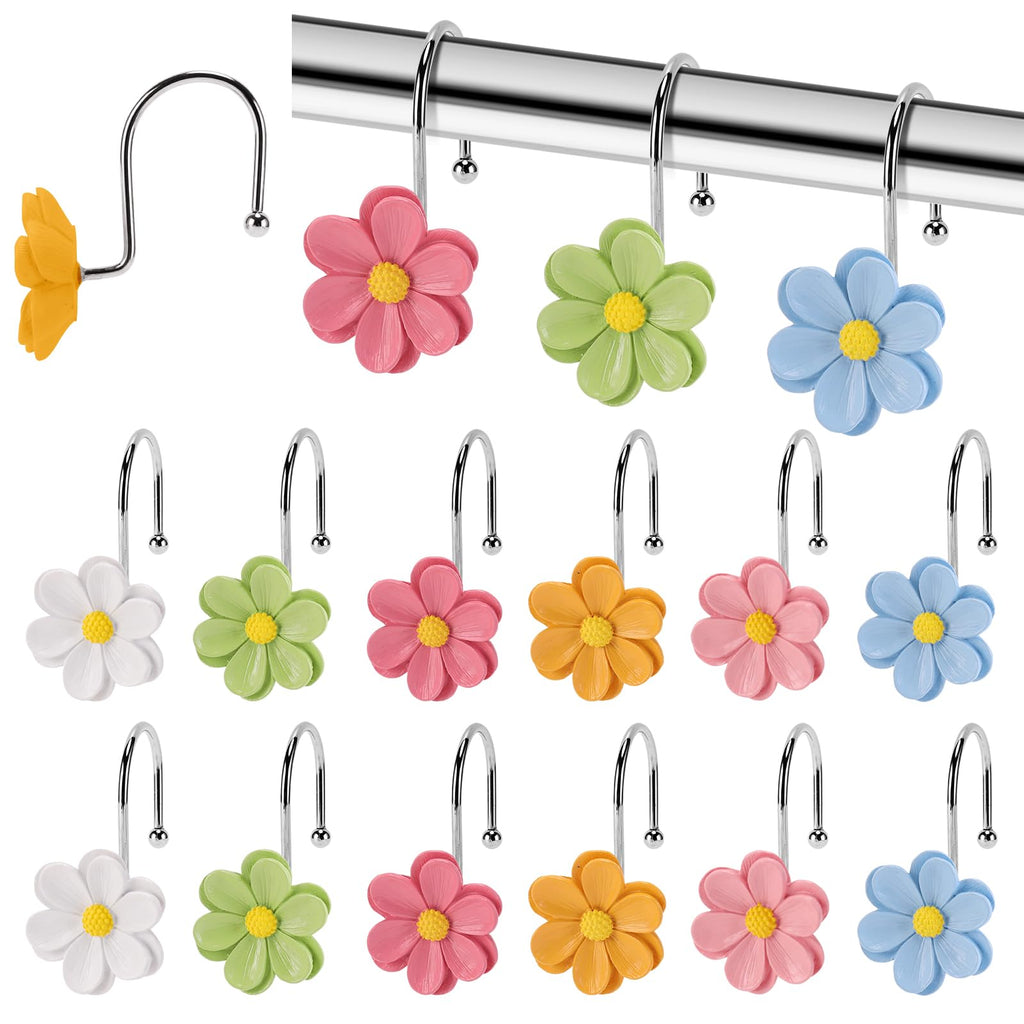 Flower Shower Curtain Hooks, 12 Pack Rustproof Stainless Steel Decorative, Bohemian Floral Bathroom Accessories for Curtain Rod and Shower Rod（White）
