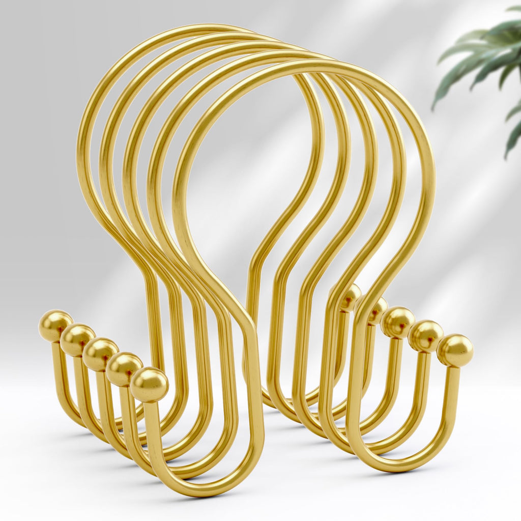 AmazerBath Shower Curtain Hooks Gold Shower Curtain Rings, Simple Double Hook Shower Curtain Hooks Rust Proof, Metal Smooth Shower Hooks for Shower Curtain Rod, 12 Pcs Shower Rod Hook Light Gold