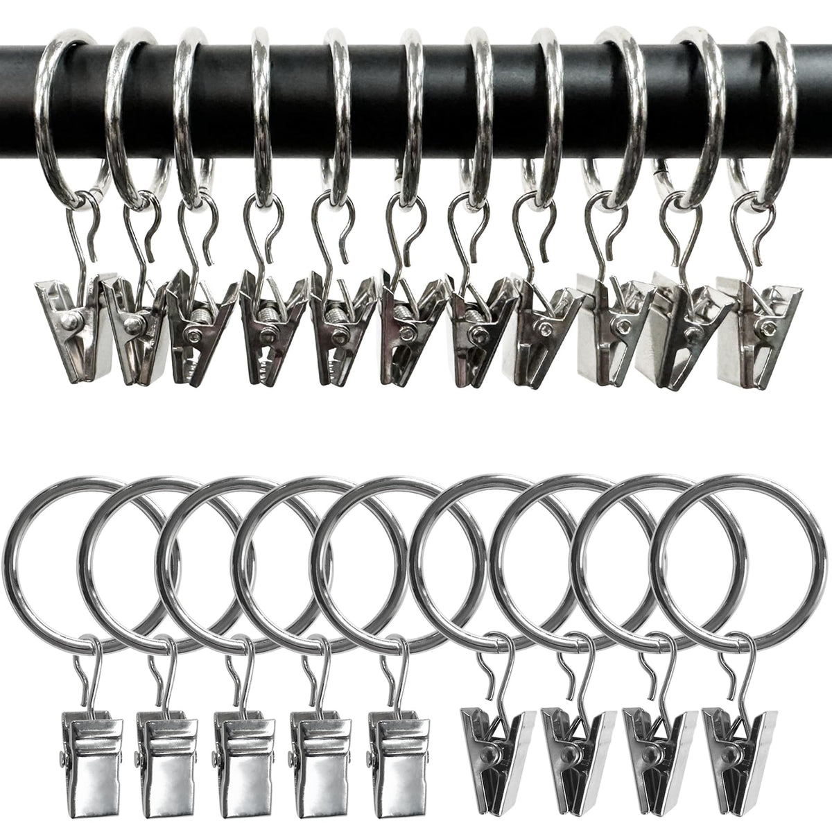 40 Pack Curtain Rings with Clips, Drapery Clips with Rings, Drapes Rings 1.26 in Interior Diameter, Fits up to 1 in Curtain Rod, Black