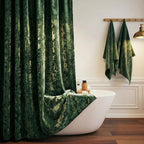 TAMGHO Crushed Velvet Shower Curtain, Dark Green Luxury Shower Curtain with Gold Decro Metal Hooks, Machine Washable Thick Fabric Bathroom Curtain, 72x72
