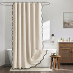 MIULEE Beige Scalloped Shower Curtain Linen Textured with 12 Metal Hooks Cute Heavy Duty Washable Waterproof Neutral Thick Cloth Shower Curtains with Black Border for Bathroom Bathtub,W72*L72 Cream